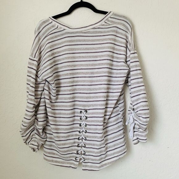 Democracy Top Women M Cream Brown Stripe Knit Lace Up Western Rodeo Cowgirl Boho - Picture 2 of 7
